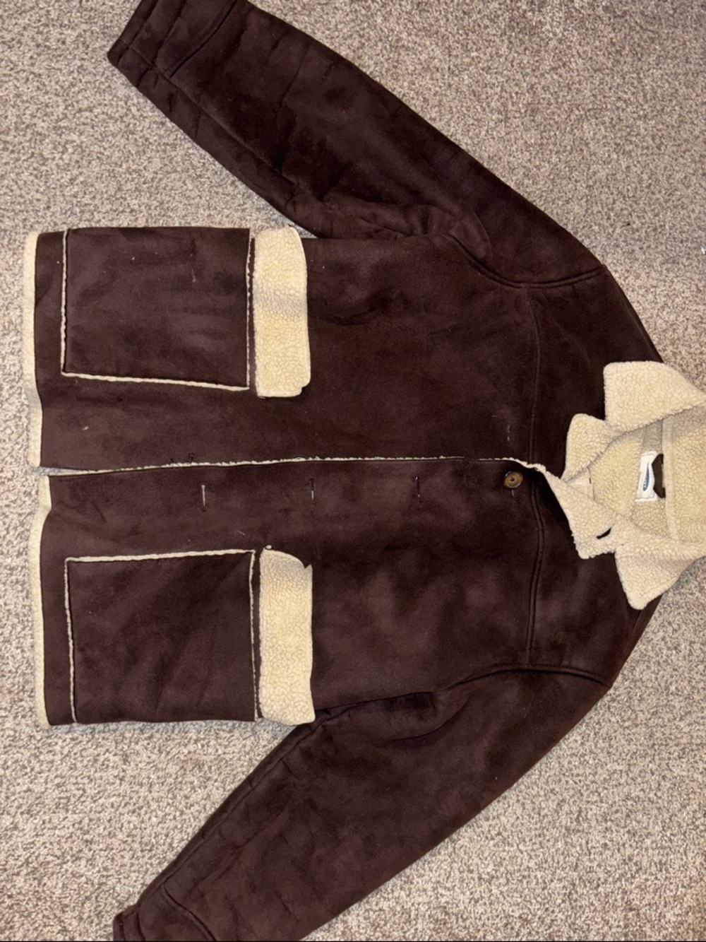 VINTAGE One Navy Brown Faux Shearling Lined Jacket with Cream Trim